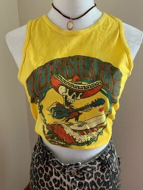 Quiksilver Yellow Graphic Cropped Tank with Skull & Guitar